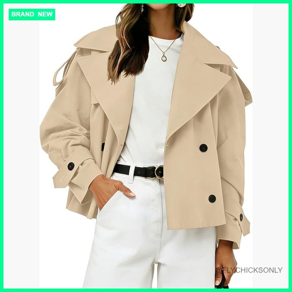 Cropped Trench Coat Double Breasted with Belt 100% Polyester